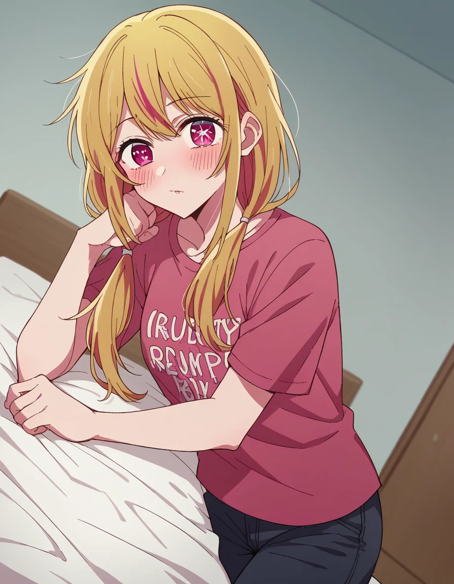 score_9, score_8_up, score_7_up, source_anime,
rubyhoshino, <lora:ruby-hoshino-s1-ponyxl-lora-nochekaiser:1>,
ruby hoshino, long hair, bangs, blonde hair, pink eyes, sidelocks, symbol-shaped pupils, multicolored hair, two-tone hair,
shirt, twintails, pants, low twintails, t-shirt, clothes writing, pink shirt,
indoors, bed, bed room, on side, blush, drunk,
looking at viewer, cowboy shot, dutch angle, solo,