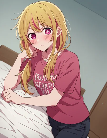 score_9, score_8_up, score_7_up, source_anime,
rubyhoshino, <lora:ruby-hoshino-s1-ponyxl-lora-nochekaiser:1>,
ruby hoshino, long hair, bangs, blonde hair, pink eyes, sidelocks, symbol-shaped pupils, multicolored hair, two-tone hair,
shirt, twintails, pants, low twintails, t-shirt, clothes writing, pink shirt,
indoors, bed, bed room, on side, blush, drunk,
looking at viewer, cowboy shot, dutch angle, solo,