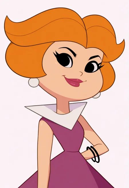 masterpiece, best quality, very aesthetic, absurdres,
1girl, jane, orange hair, short hair, black eyes, red lipstick, earrings, 
purple dress, pantyhose, bracelet,
upper body,
smile, looking at viewer, solo, simple background, white background,   <lora:JaneJetsonNoobXL_byKonan:1>