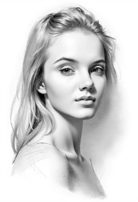 A portrait charcoal drawing,of a young blonde woman drawn in charcoal,