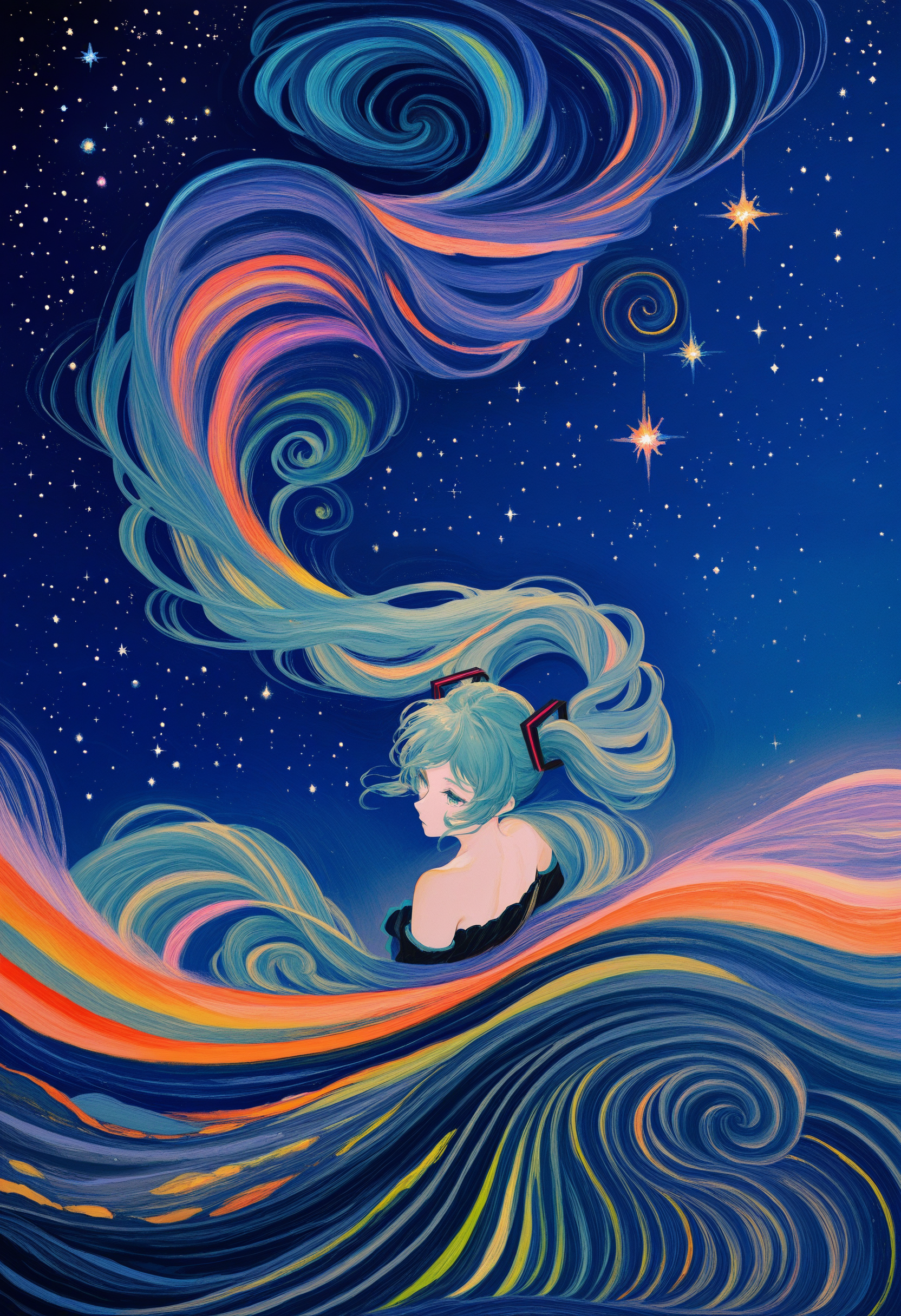 painterly, hatsune miku, artist:[van gogh|monet|renoir|cqtlatte|xilmo],
1girl, starry sky, colorful, night, swirl,
newest, impasto, brushstroke, impressionism, oil painting \(medium\), newest, absurdres, masterpiece, very aesthetic