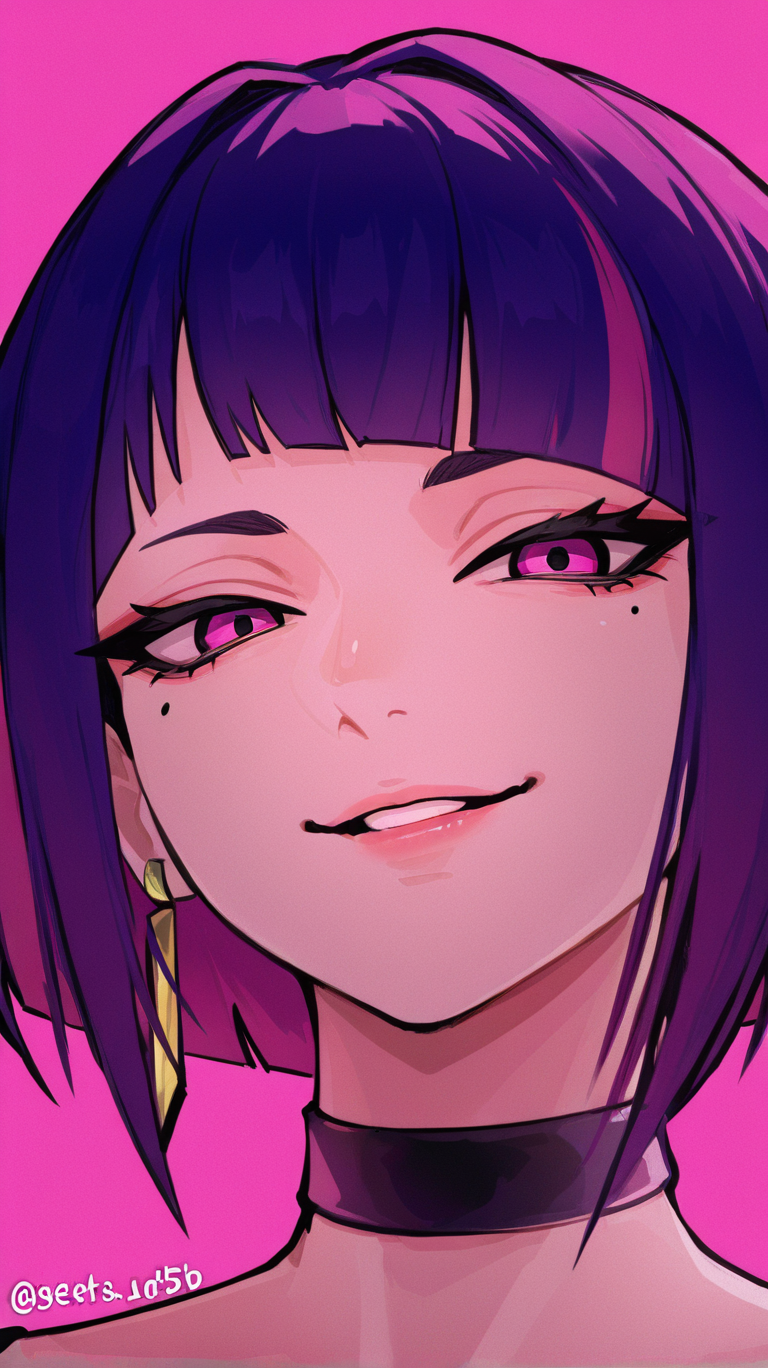 1girl, solo, looking_at_viewer, smile, short_hair, bangs, jewelry, purple_eyes, upper_body, purple_hair, multicolored_hair, earrings, parted_lips, choker, blunt_bangs, twitter_username, mole, mole_under_eye, pink_background, portrait, multicolored_eyes