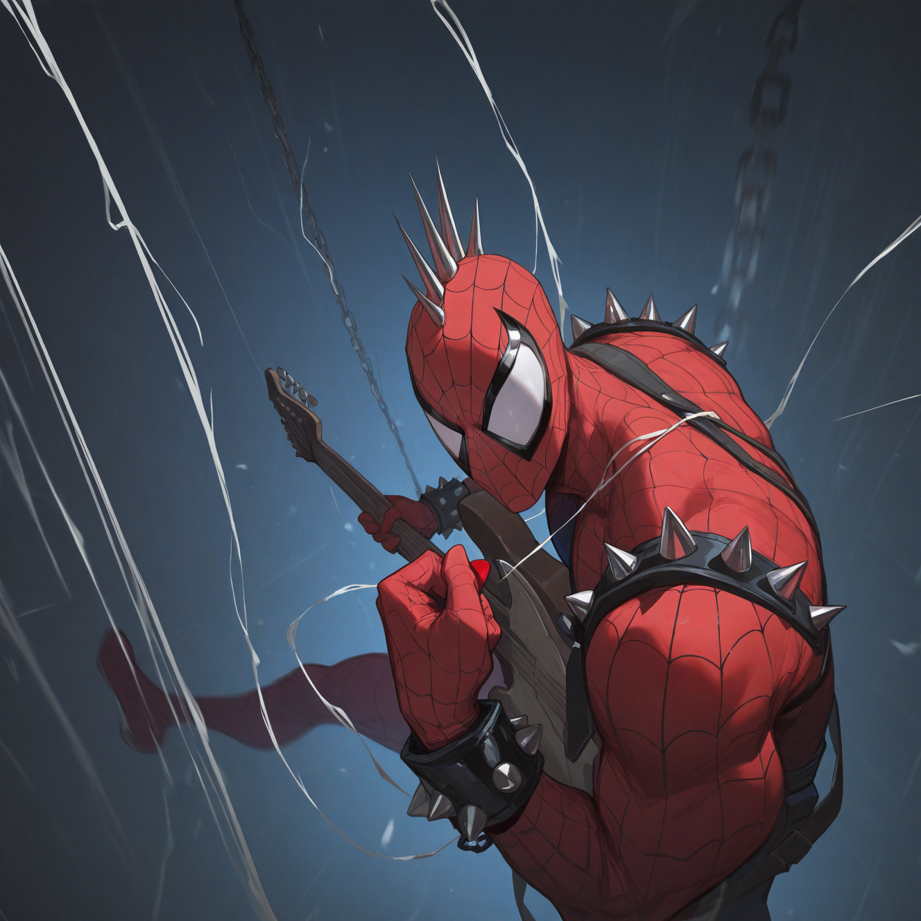 <lora:SPIDERPUNK:1>spiderpunk, solo, looking at viewer, 1boy, holding, male focus, muscular, mask, bodysuit, chain, traditional media, instrument, spikes, music, guitar, holding instrument, white eyes, playing instrument, electric guitar, superhero, \m/, red bodysuit, silk, spider web, spider web print, shoulder spikes, plectrum, holding plectrum, spiked bracelet,  dynamic perspective, night, detailed background, motion blur, film grain, abstract, natural lighting, fantasy, cinematic, dynamic view, very awa, masterpiece, best quality, absurdres, newest, perfect quality, detailed background, intricate details, (artist:fl \(l-fl\):0.7), (artist:tooboshoo:0.7), (artist:dizdoodz:0.8)    <lora:bulge:1> bulge