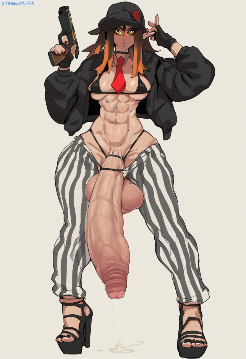 <lora:Streachybear_Futanari_-_Artstyle:1>
score_9, score_8
1girl, abs, bikini, breasts, brown hair, censored, erection, fingerless gloves, futanari, hat, high heels, holding gun, hood up, large penis, long hair, looking at viewer, multicolored hair, multiple girls, penis, piercing, rabbit girl, red eyes, red necktie, sex, simple background, solo, striped pants, symbol-shaped pupils, testicles, thighs, uncensored, yellow eyes