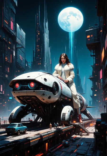 painting, mad-cybrpnkimprss, A futuristic cityscape at dusk. demon woman in luxurious white fur dress, atop a futuristic hoverbike, urban dystopian setting, vivid contrast between deep dark tones and illuminated neon signs, blended with charcoal noir elements, Frank Frazetta anime aesthetic, cosmic influences, NSFW nuances with CE considerations, charcoal textural influence, Flux style dynamic composition, and high detail portrayal, 8k resolution, ultra-realistic textures, cinematic lighting, heavy metal undertone, legendary checkpoints. It feels futuristic and utopian. sharp, very detailed, 8k, trending on artstation, vibrant, white sphere on the background