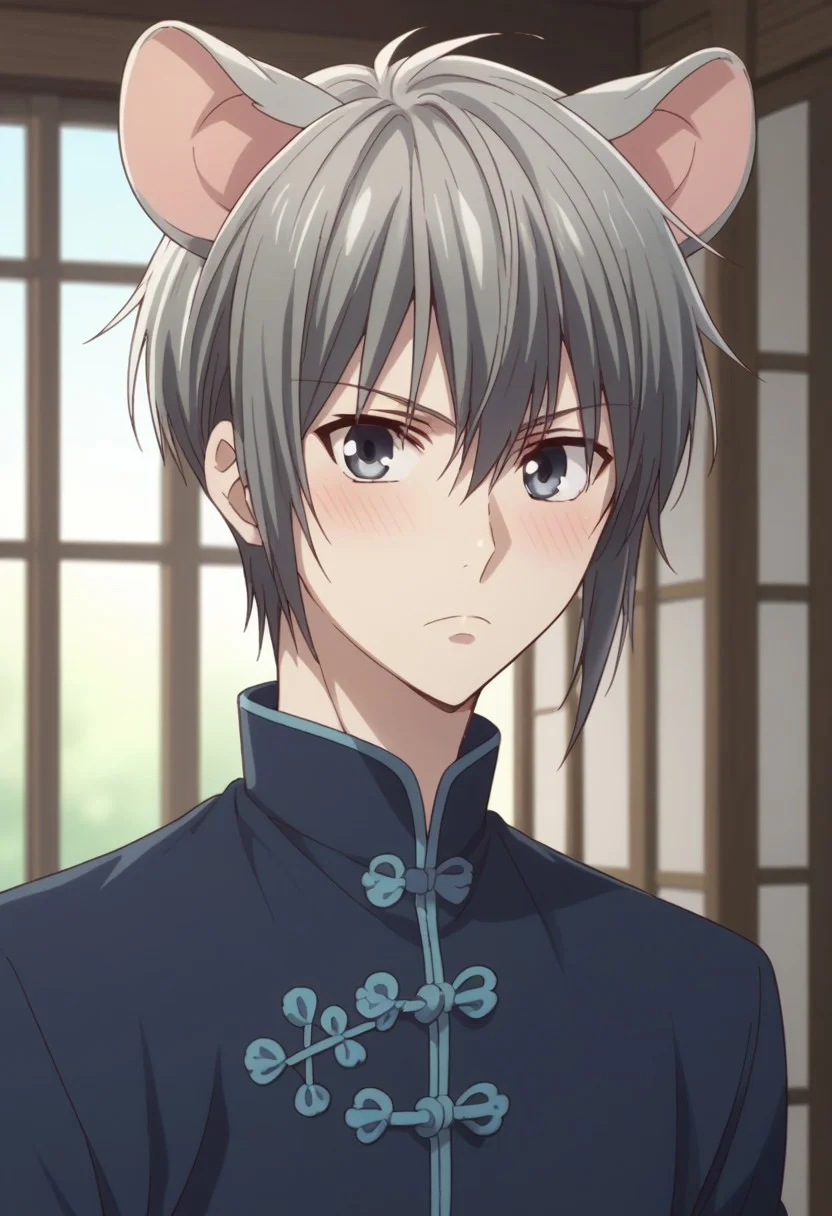 score_9, score_8_up, score_7_up, source_anime, highly detailed,
yukisohma, 1boy, male focus, solo, upper body, grey hair, grey eyes,
looking at viewer, standing, chinese clothes, pants, animal ears, mouse ears, frown, blush,
indoor, japanese