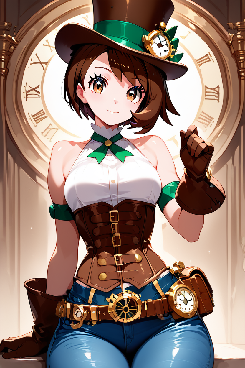 score_9, score_8_up, score_8, medium breasts, (curvy), cute, eyelashes,       ,,, ,  zzGloriaSPCitron, brown eyes, brown hair, short hair, top hat, steampunk, clock on belt, corset, bare shoulders, big gloves, tight blue jeans, white halterneck, green ribbon,   <lora:GloriaSteampunkPDXL:1>, , BREAK, ,,, smile, looking at viewer, blush, blurry, couch, sitting, ,,, shiny skin, <lora:ProAnime_PDXL_v1:0.7>, ,,, embedding:zPDXL, Expressiveh, <lora:SDXLFaeTastic2400:0.5>, <lora:Expressive_H-000001:0.4>,