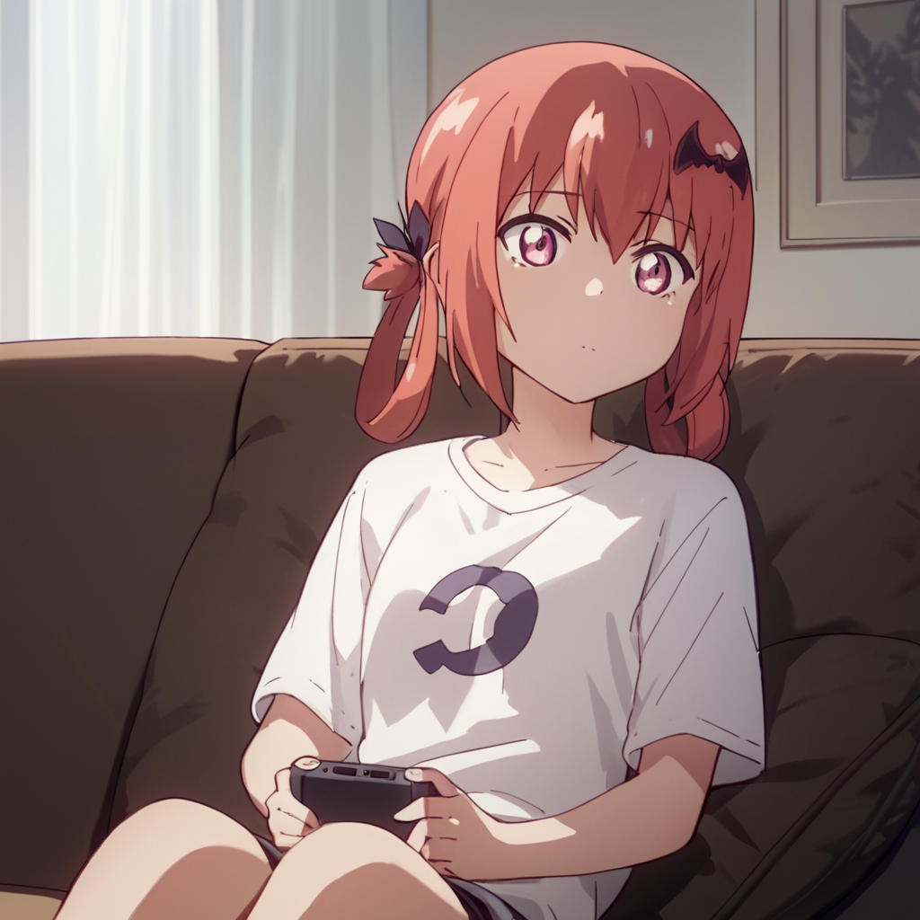 score_9, score_8_up, score_7_up, score_6_up, score_5_up, score_4_up, source_anime,  Satanichia_DO, sitting, couch, long shirt, white shirt, watching tv, pink eyes