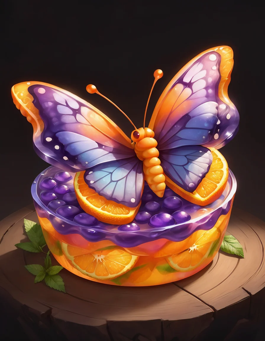 <lora:FoodPets:1> Foodpets very cute appealing anthropomorphic jello butterfly, orange and purple gradient, looking at the viewer, macro, cinematic lighting, fantasy art, dynamic composition, epic realistic, award winning illustration