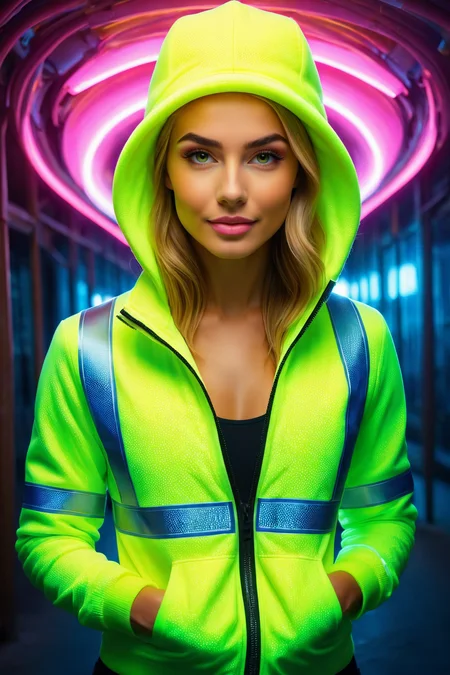 by Kelly Mckernan and Anatoly Metlan and Edward Lamson Henry in the style of Natalia Rak and Jeannette Guichard Bunel,   cute fit 18 year old woman, ral-highvis <lora:ral-highvis-sdxl:0.60>, chiaroscuro, hot fit body, full body length, cleavage