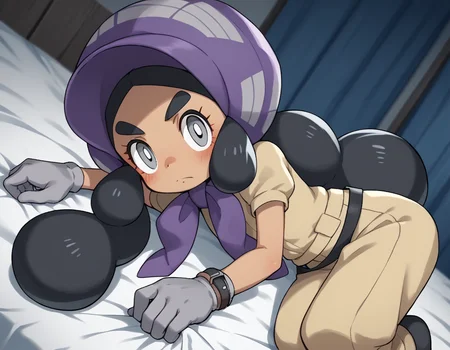 score_9, score_8_up, score_7_up, source_anime,
pokemonhapu, <lora:pokemon-hapu-ponyxl-lora-nochekaiser:1>,
hapu, long hair, black hair, twintails, dark skin, dark-skinned female, grey eyes, thick eyebrows, bright pupils, white pupils,
gloves, short sleeves, belt, black belt, purple headwear, bonnet, grey gloves, jumpsuit,
indoors, bed, bed room, on side, blush, drunk,
looking at viewer, solo, cowboy shot, dutch angle,
