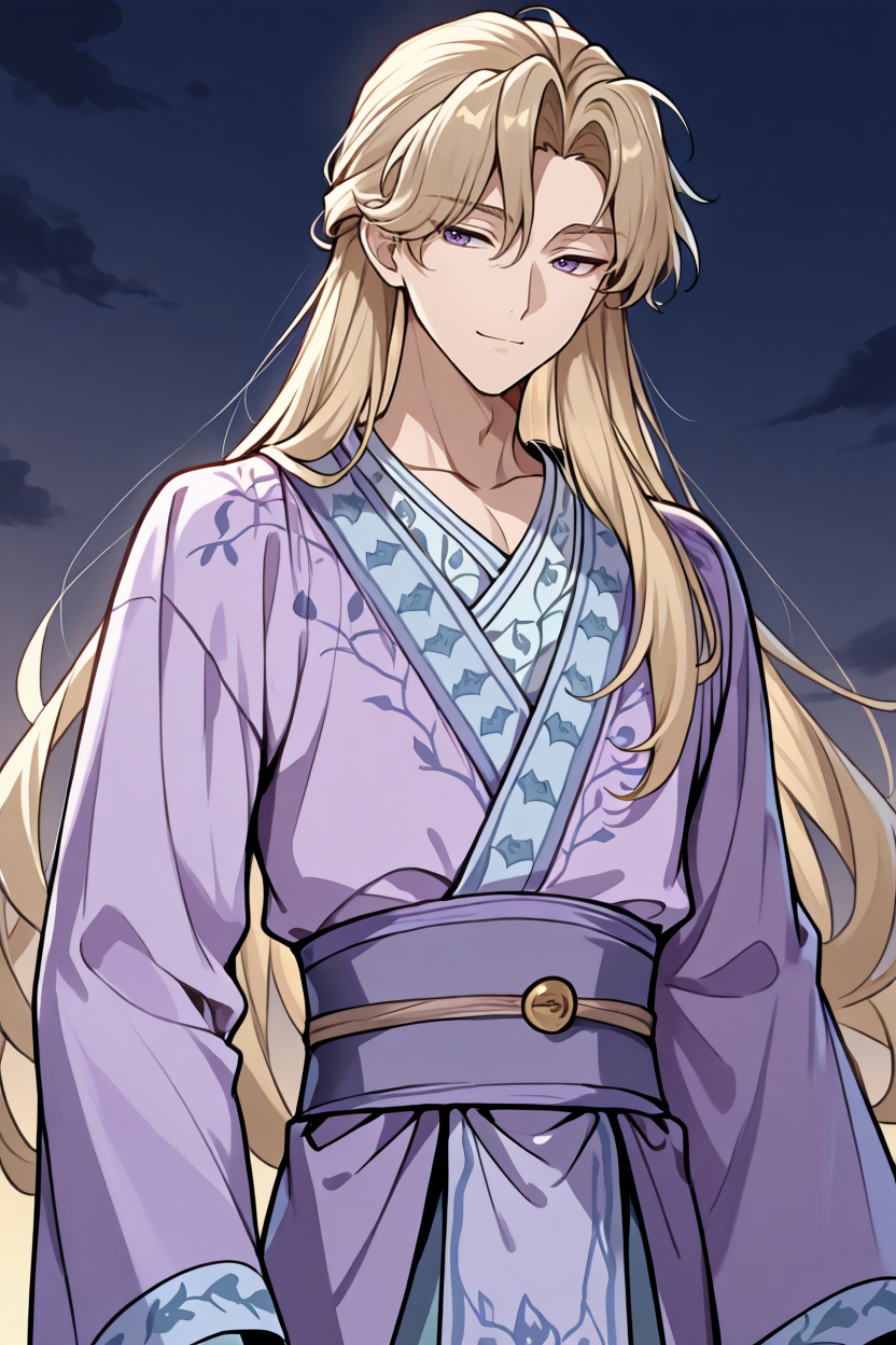 masterpiece, best quality,  (1boy:1.2), solo, bishounen
 <lora:KitsuneHanfuIllustriousV1:1> kitsunehanfu, purple hanfu,