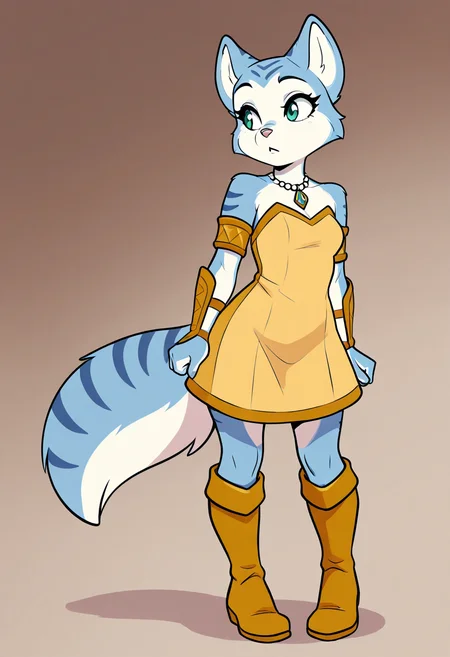 masterpiece, best quality, 1girl, solo, eyelashes, (beautiful eyes), zzKrystalDino, green eyes, furry female, blue fur, blue hair, animal ears, body fur, two-tone fur, white fur, necklace, strapless dress, bare shoulders, tail, knee boots, <lora:KrystalDinosaurPlanet_IXL:1.0>,