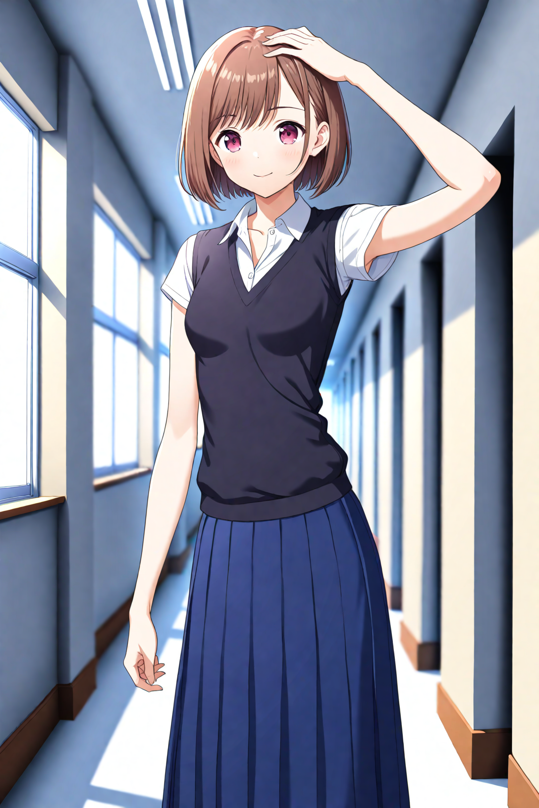 1girl, cowboy shot, standing, short hair, brown hair, pink eyes, school uniform, white shirt, collared shirt, cap sleeves, black vest, v-neck, blue skirt, long skirt, closed mouth, smile, arm up, hand on own head, indoors, school, hallway
