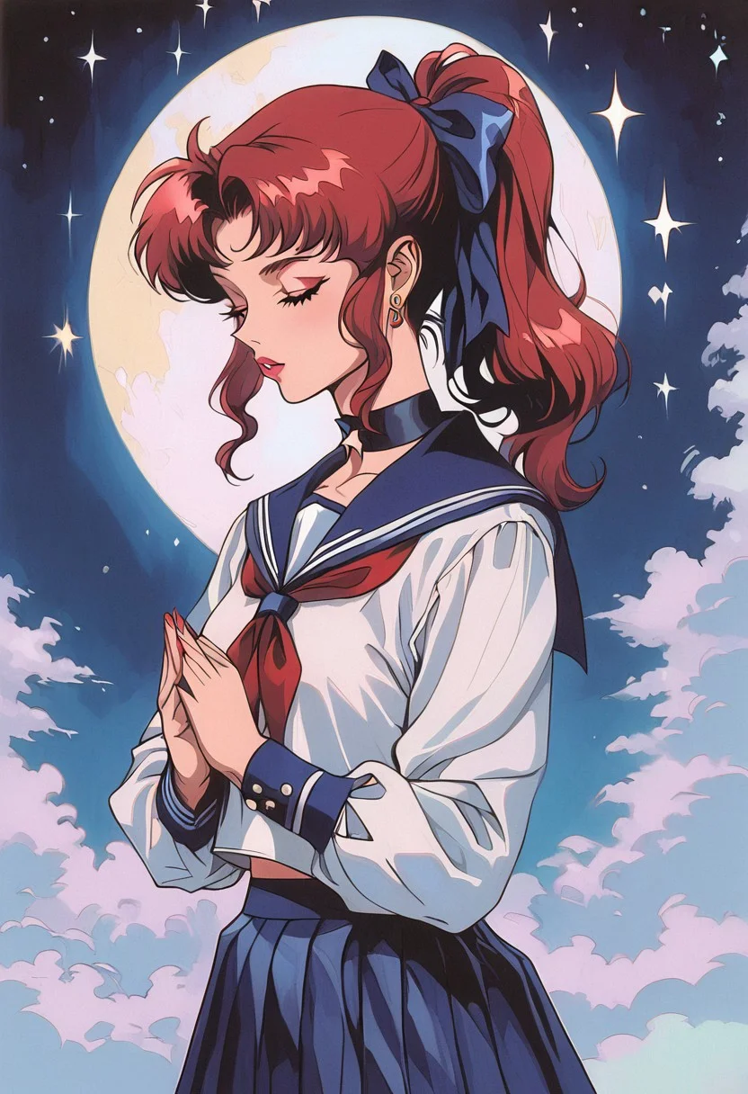score_9, score_8_up, score_7_up, score_6_up, score_5_up, score_4_up, BREAK sourse_anime, retro anime style, detailed retro anime, 90's anime style, 1990s \(style\), Vintage, dreamy psychedelic anime, high quality, best quality, anatomically correct, masterpiece, BREAK 1girl, solo, from side, view from the back, BREAK blue hair, ponytail, (red hair ribbon), beautiful teenage girl, red neckerchief, BREAK serafuku, (white short with long sleeves), green pleated skirt, closed eyes, BREAK (hands reach out to the star), (night, shining stars in the sky on background), translucent rainbow, cowboy shot, y0mu_y4k4d4sh1, solo