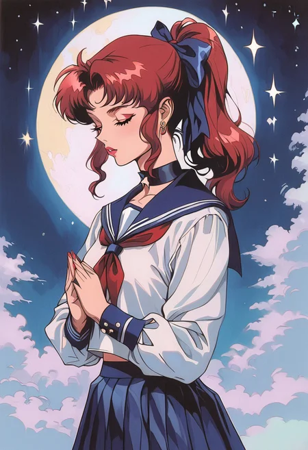 score_9, score_8_up, score_7_up, score_6_up, score_5_up, score_4_up, BREAK sourse_anime, retro anime style, detailed retro anime, 90's anime style, 1990s \(style\), Vintage, dreamy psychedelic anime, high quality, best quality, anatomically correct, masterpiece, BREAK 1girl, solo, from side, view from the back, BREAK blue hair, ponytail, (red hair ribbon), beautiful teenage girl, red neckerchief, BREAK serafuku, (white short with long sleeves), green pleated skirt, closed eyes, BREAK (hands reach out to the star), (night, shining stars in the sky on background), translucent rainbow, cowboy shot, y0mu_y4k4d4sh1, solo