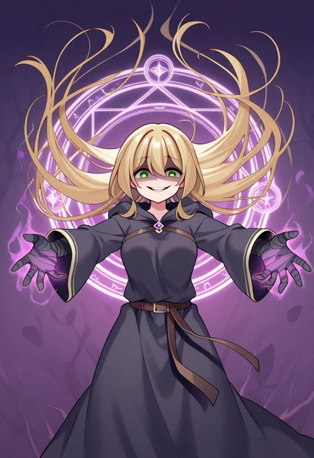 1girl, solo, chanyuusha, blonde hair, very long hair, hair down, green eyes, medium breasts, black robe, hooded robe, black bandages, bandaged hands, purple background, textured background, crazy smile, evil smile, shaded face, floating hair, outstretched_arms, glowing hands, magic circle,