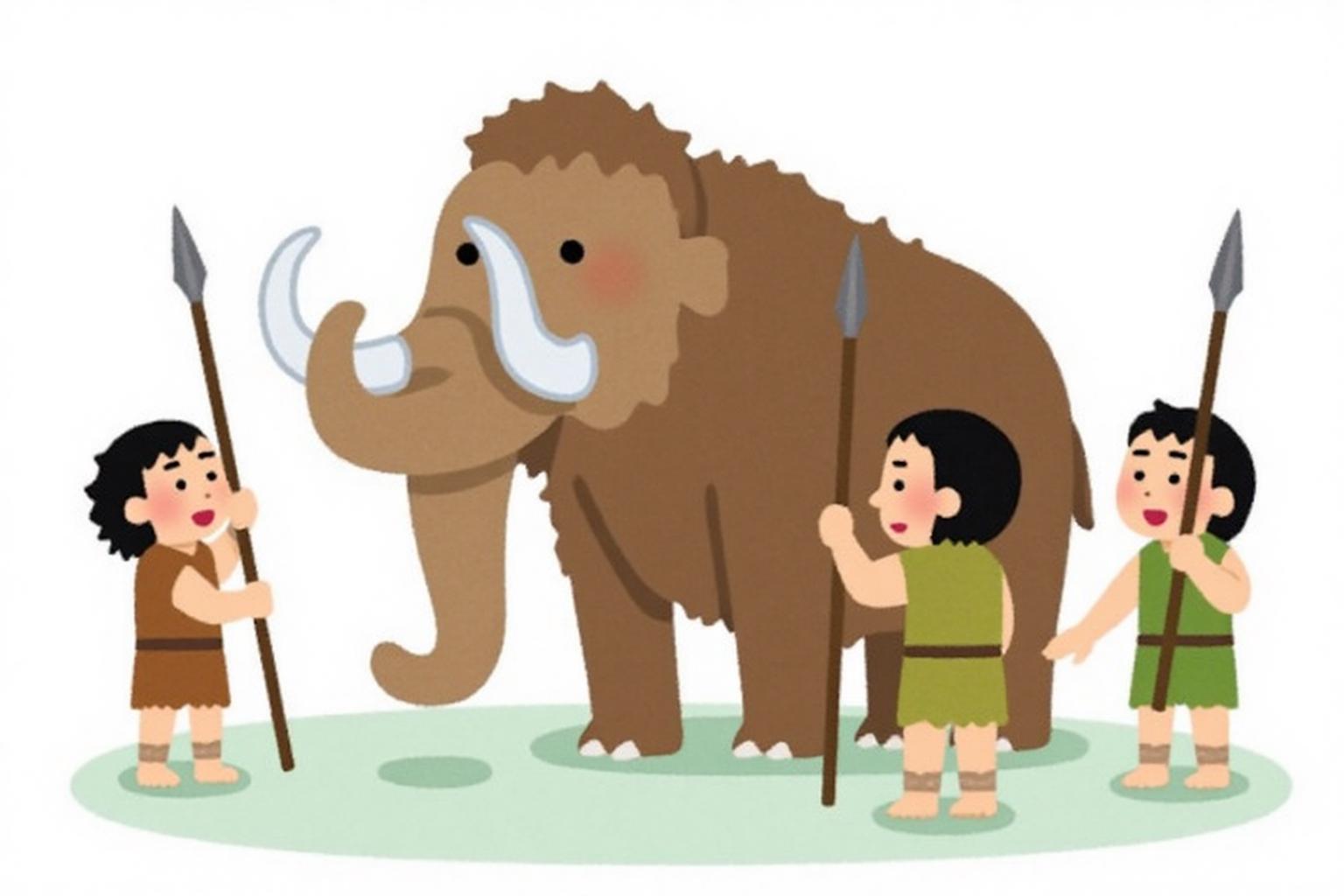 irasutoya1 illustration. 
Three cavemen confronting a large mammoth. Each man is armed with a spear. The mammoth has large tusks and a shaggy coat, standing prominently in the center. <lora:irasutoya1_cap_d8a4e8:1.0><lora:846983366183022950:0>