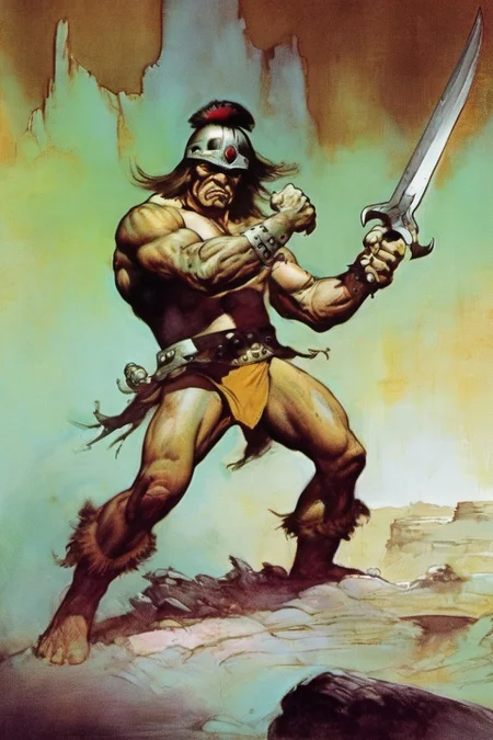 <lora:Fantasy_art_XL_V1:1> a barbarian in a heroic pose, desert scene with a river, castle in the background, art by frank frazetta