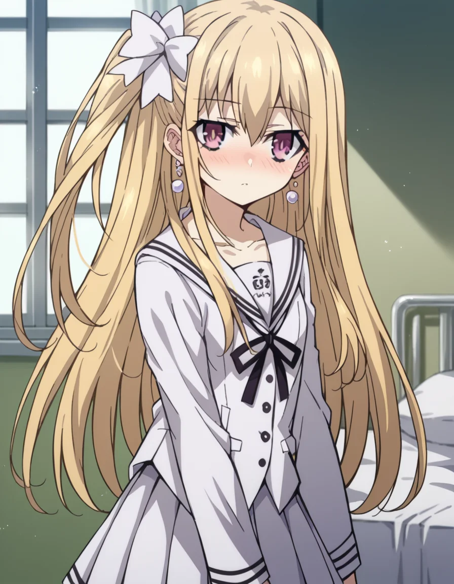 score_9, score_8_up, score_7_up, source_anime,
dalmayuri, <lora:dal-mayuri-movie-ponyxl-lora-nochekaiser:1>,
mayuri, long hair, blonde hair, hair between eyes, hair bow, one side up, bow, purple eyes,
shirt, ribbon, jewelry, school uniform, collarbone, earrings, serafuku, black ribbon, neck ribbon, skirt, white skirt, pleated skirt,
indoors, bed, bed room, on side, blush, drunk,
solo, dutch angle, looking at viewer, cowboy shot,