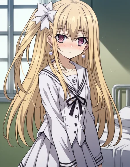 score_9, score_8_up, score_7_up, source_anime,
dalmayuri, <lora:dal-mayuri-movie-ponyxl-lora-nochekaiser:1>,
mayuri, long hair, blonde hair, hair between eyes, hair bow, one side up, bow, purple eyes,
shirt, ribbon, jewelry, school uniform, collarbone, earrings, serafuku, black ribbon, neck ribbon, skirt, white skirt, pleated skirt,
indoors, bed, bed room, on side, blush, drunk,
solo, dutch angle, looking at viewer, cowboy shot,