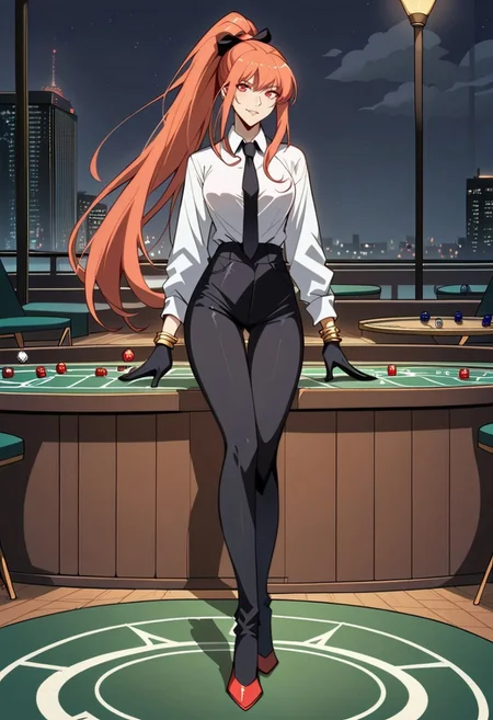 safe_pos, score_9, score_8_up, score_7_up, 1girl, night, indoor, in a casinò, full body, dynamic shot, from high, long legs standing behing a poker table, green table, solo, dynamic pose, Feng Ling, orange hair, red eyes, medium breast, long hair, ponytail, black pants, white shirt, long sleves shirt, black gilet, black neck tie, red heels, gold slim bracelets, black gloves, looking at the viewer, long legs, nice legs, white hips ultra detailed, masterpiece, <lora:add-detail-xl:1>, <lora:StS_PonyXL_Detail_Slider_v1.4_iteration_3:4>