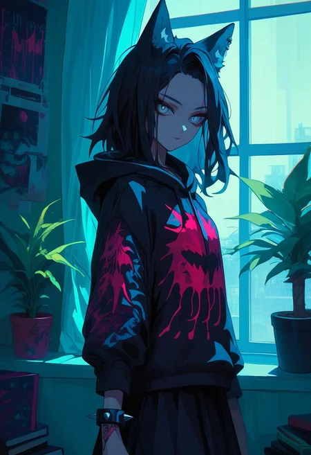 score_9, score_8_up, score_7_up, score_6_up, NLSTN, 1girl, animal ears, black hair black hoodie, black skirt, book, bracelet, character print, curtains, goth fashion, grey eyes, hood, hoodie, indoors, jewelry, looking at viewer, medium hair, plant, potted plant, print hoodie, self character print, skirt, solo, spiked bracelet, spikes, window, wolf ears