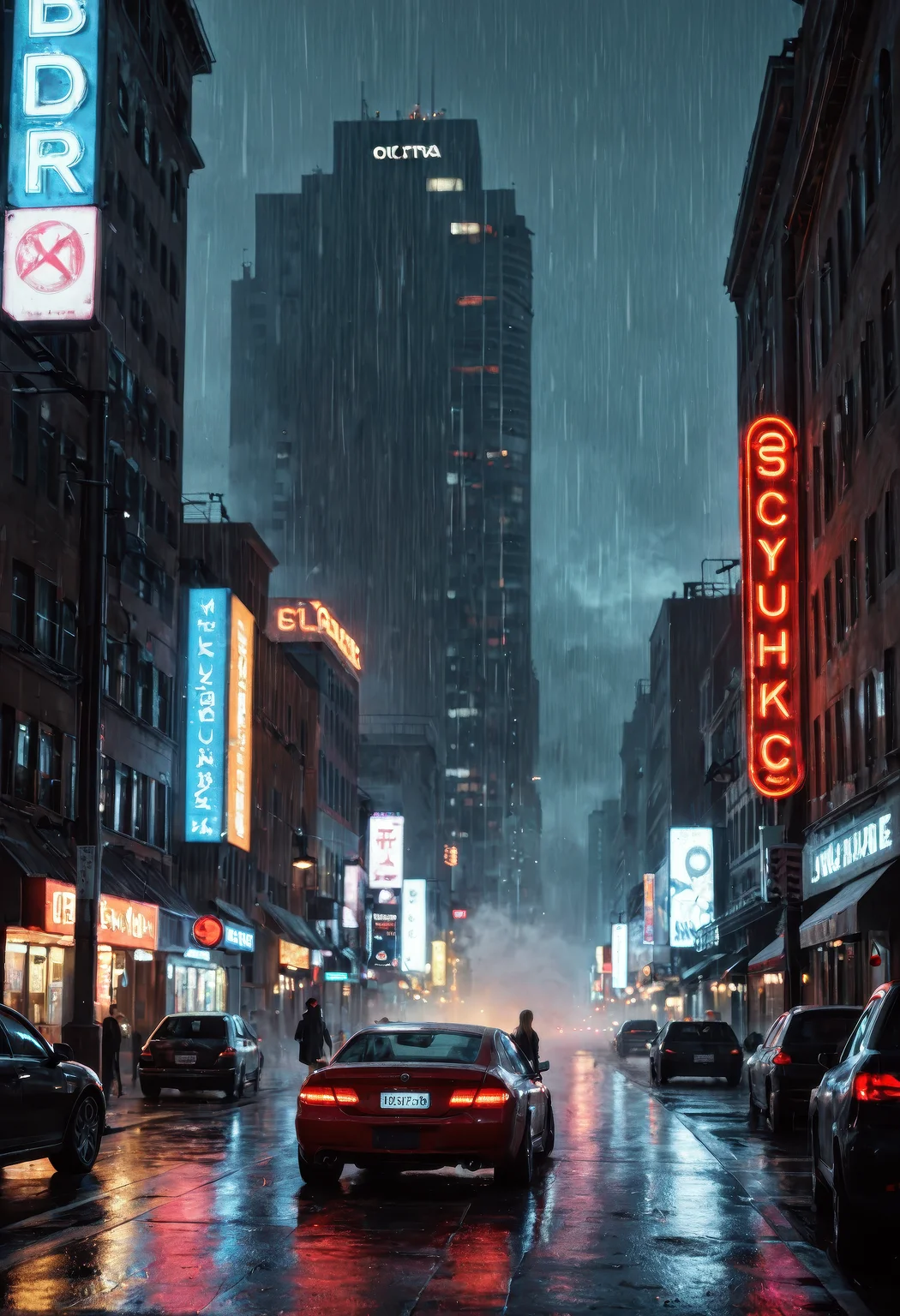 CyberRealisticPony_POSV1, close up of beautiful girl in a busy market in a futuristic new york city, ghostpunk, neon advertisements, blade runner 2049, fog, steam rising from street, futuristic car with bright neon lights, rain falling, highly detailed, muted colors, cinematography by andrei tarkovsky, by tsutomu nihei