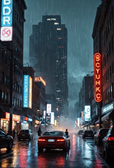 CyberRealisticPony_POSV1, close up of beautiful girl in a busy market in a futuristic new york city, ghostpunk, neon advertisements, blade runner 2049, fog, steam rising from street, futuristic car with bright neon lights, rain falling, highly detailed, muted colors, cinematography by andrei tarkovsky, by tsutomu nihei