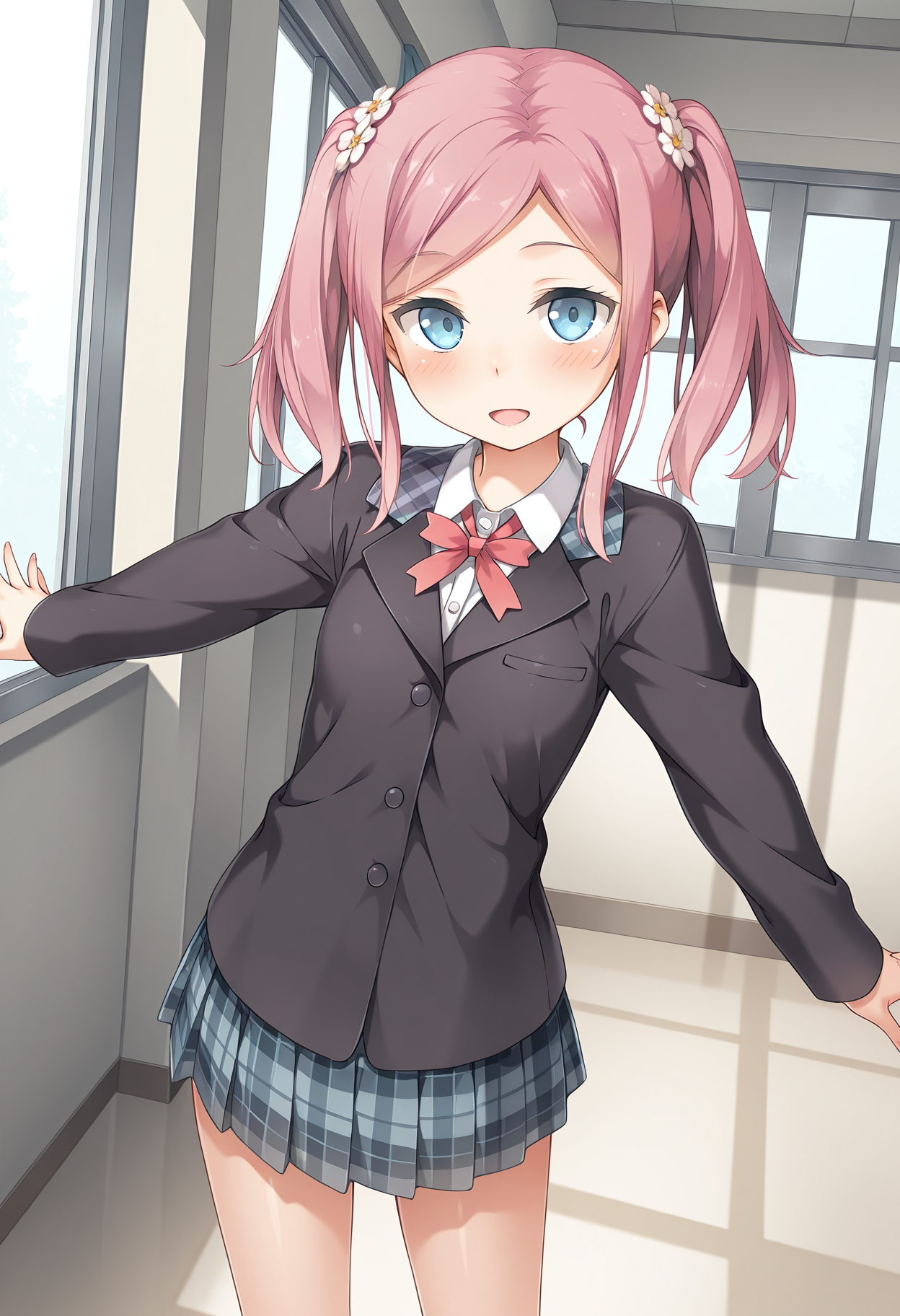 highres, best quality, masterpiece, indoors,
1girl, solo, kkanommk, pink hair, twintails, hair flower, blue eyes,
school uniform, black jacket, blazer, plaid skirt,
looking at viewer, blush, smile,
spread arms, standing, window, open mouth, 
<lora:_momoka_koikano-elesico-ilxl:1>
