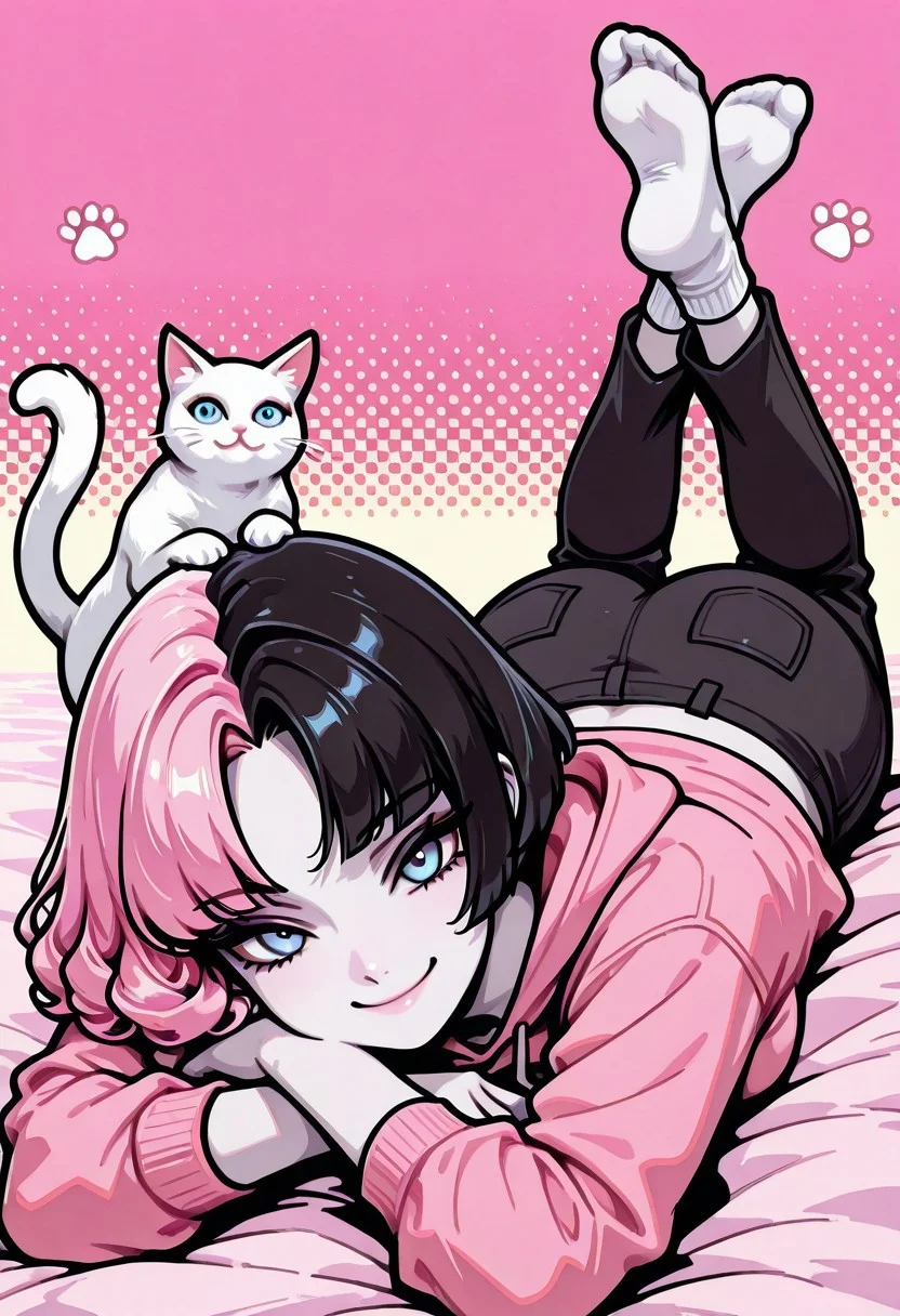 masterpiece, best quality, 32k, high resolution, absurdres, vector art, flat colors, s1n0p0p, in the style of Jedpstgl, Impressionism, Vaporwave,Pixel Art, Sabrina, SabrinaRH, short hair, bobcut, ((Pink-black) split hair, split-color hair,) curled hair tips, parted bangs, blue eyes, medium breasts, pale skin, pink hoodie, cats paw print, pants, dual color background (pink-black) , abstracts, cowboy shot, looking at the viewer,, smiling, cat, cat on her shoulders , laying on stomach, head resting, feet up, socks, focus on face, face closeup,
