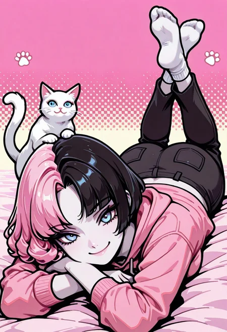 masterpiece, best quality, 32k, high resolution, absurdres, vector art, flat colors, s1n0p0p, in the style of Jedpstgl, Impressionism, Vaporwave,Pixel Art, Sabrina, SabrinaRH, short hair, bobcut, ((Pink-black) split hair, split-color hair,) curled hair tips, parted bangs, blue eyes, medium breasts, pale skin, pink hoodie, cats paw print, pants, dual color background (pink-black) , abstracts, cowboy shot, looking at the viewer,, smiling, cat, cat on her shoulders , laying on stomach, head resting, feet up, socks, focus on face, face closeup,