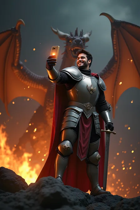 A valiant knight in gleaming armor, mid-battle with a fearsome dragon, pauses to take a selfie with a gleaming, high-tech smartphone. The knight, holding a sword in one hand and striking a confident pose, stands atop a rocky outcrop as the dragon breathes fire in the background. The dragon's scales shimmer with a fiery glow, and its massive wings spread dramatically against the dark, smoke-filled sky. The knight's visor is lifted, revealing a determined smile as he angles the phone to capture the epic moment. Sparks and embers fly around, adding to the scene’s intensity and excitement. The contrast between the knight's old-world charm and the modern selfie adds a playful and dynamic touch to the dramatic battle.