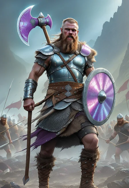 flu0rite, iridiscent, VALHERO viking warrior wearing armor holding a fluorite mineral axe during the Battle of Ragnarok