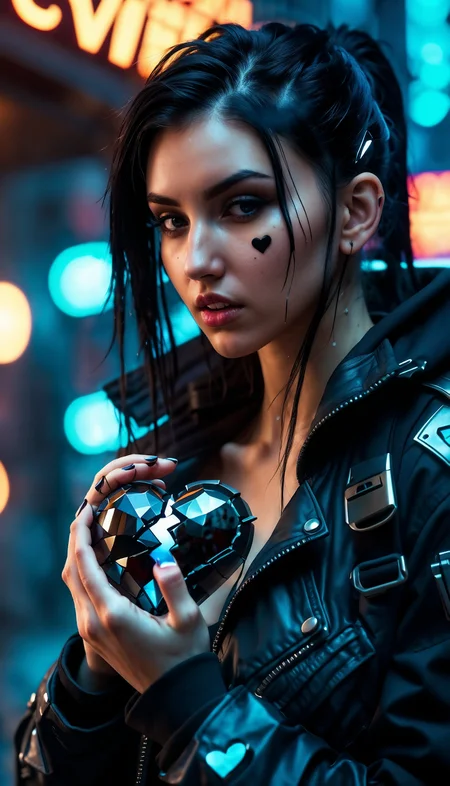 Ultrarealistic. sharp focus, dynamic lighting. play of light, reflection, refraction, Raytracing, Ultra detailed. cyberpunk girl holding a ((broken black heart)). cracked heart. broken, broken in half heart. separated in two. tears. war torn cyberpunk city. cowboy shot. chest focus