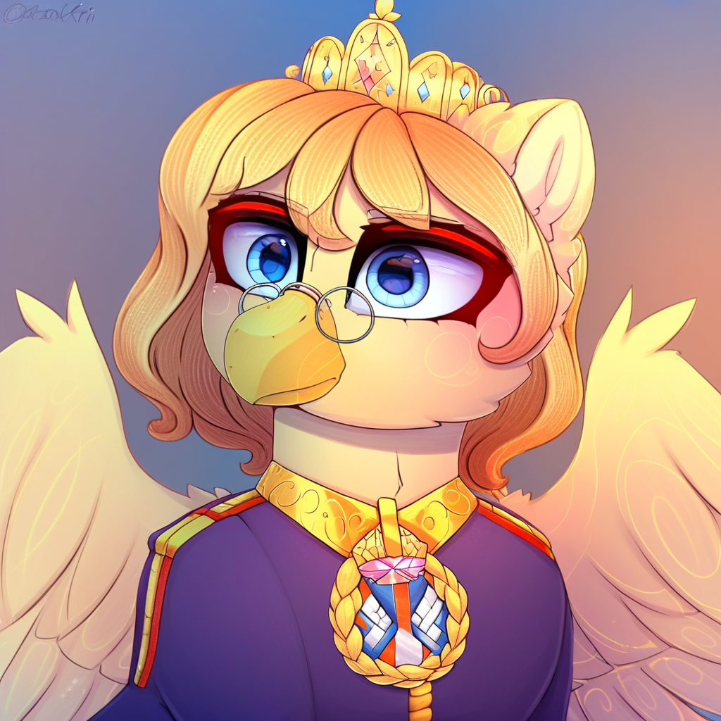 masterpiece, score_9_up, score_8_up, score_7_up, score_6_up, source_furry, (best quality:1.1), ultra-detailed, high resolution, solo, highly detailed macro illustration, solo, gloria_iv, kaiserin, griffon, griffon oc, avian, beak, feral, female, blonde hair, medium hair, (beautiful detailed blue eyes), feathers, fluffy ears, wings, small round glasses, cute expression, crown, military royal clothes, medal, upper body, simple background BREAK Highly Visible, sharp focus, perfect lighting, anatomically correct, extremely detailed, high detail, expressiveh
