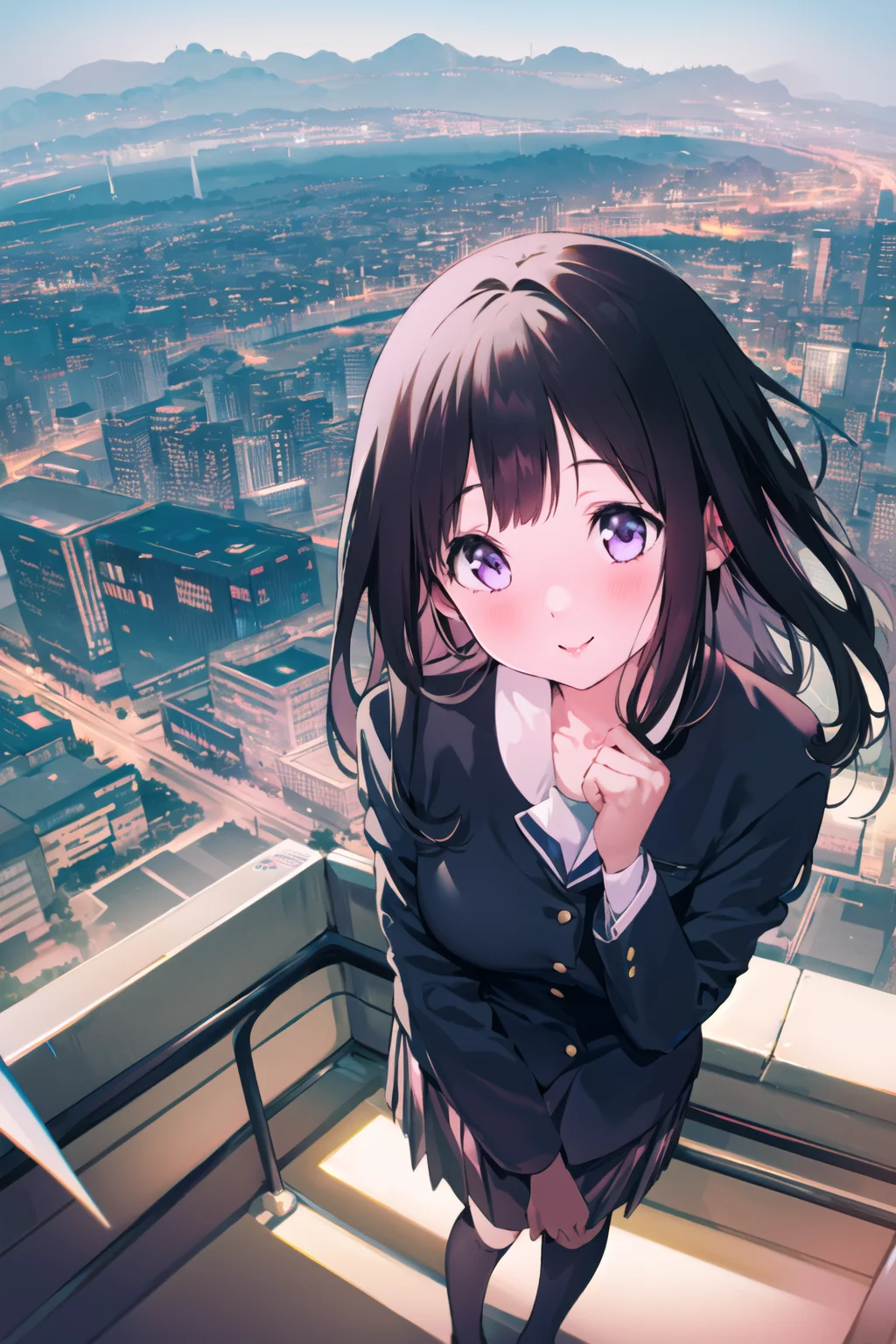 masterpiece, best quality, 1girl, solo, smile, school uniform, cyberpunk, cityscape, skyscraper,  <lora:meryV2:1>
