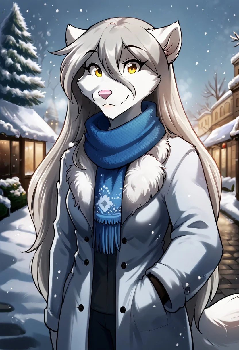 score_9, score_8_up, score_7_up,score_6_up,score_5_up, source_furry
BREAK
solo, furry female anthro, long hair, medium breasts, (cute smile, looking at viewer), mink fur coat, winter pants, blue scarf, (outdoors, standing, winter, winter park, snowfall), upper body shot
BREAK
<lora:Raine-Twokinds-SDXL-AnonTK-V1:1>, raine-twokinds, keidran, mammal, wolf tail, yellow eyes, <lora:p:0.35>