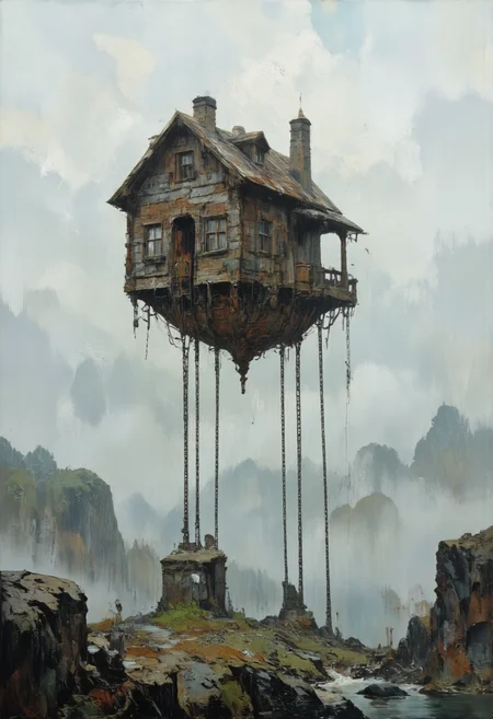 A floating house in a foggy sky, tethered to the ground by chains, Dreamlike and Surreal, in memadukan_painter art style, <lora:Memadukan_Brush_Strokes_of_Fineart:1.0>