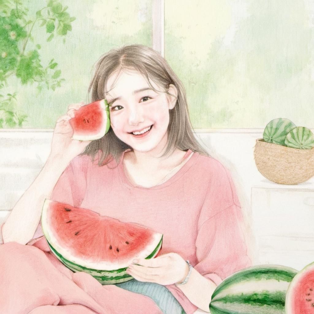 traditional media, 1 girl, bedroom, eating watermelon, sliced, juicy, red and green, comfy clothes, relaxed expression, summer day, soft lighting, cozy atmosphere