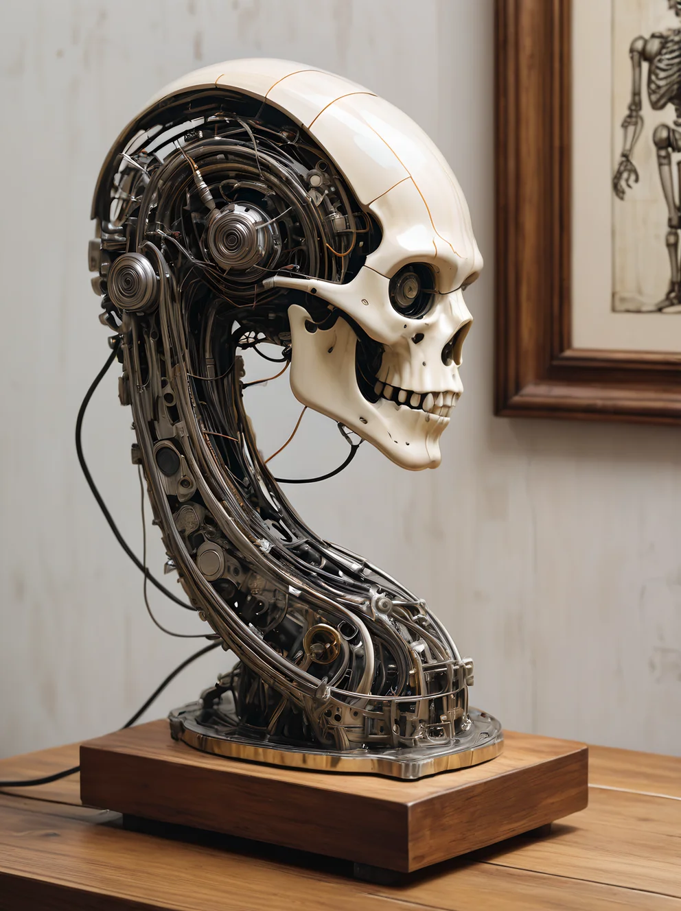a fine art sculpture photo of a distorted malfunction silver metallic skinny robot arm tangled with a wooden frame with detail casting on it, some electronic cables are leaking from the vase, textured and rough surface, high details, on a grunge grid wooden table in dim museum, in the style of biomorphic sculpture and Solarpunk art, beige and white, fine attention to anatomy, close up, mushroomcore, animal bone, lovely brushstrokes, Vintage, Surrealism, half light half shadow, low contrast, fujifilm
<lora:detailed_notrigger:0.6>  <lora:SDXLFaeTastic2400:0.6> (Exquisite Detail, Award Winning, Stunning)