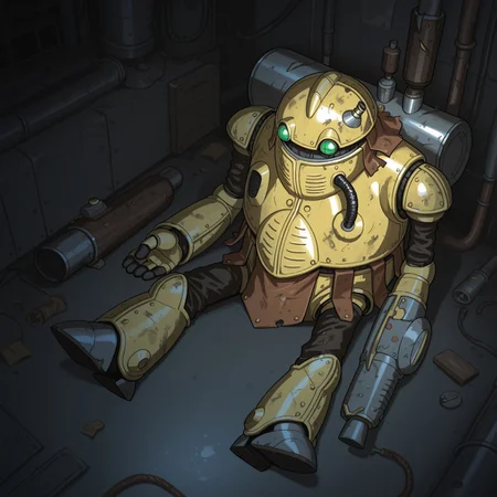 CTRobo, 2d, solo, male, robot, humanoid robot, machine, mecha, yellow body, green eyes, armor, single armcannon,
BREAK sitting, full body, from above, sitting, damaged, rusted, dirty, best quality, amazing quality, very aesthetic, absurdres, newest, inside, indoors, factory, dark, dark environment, rats