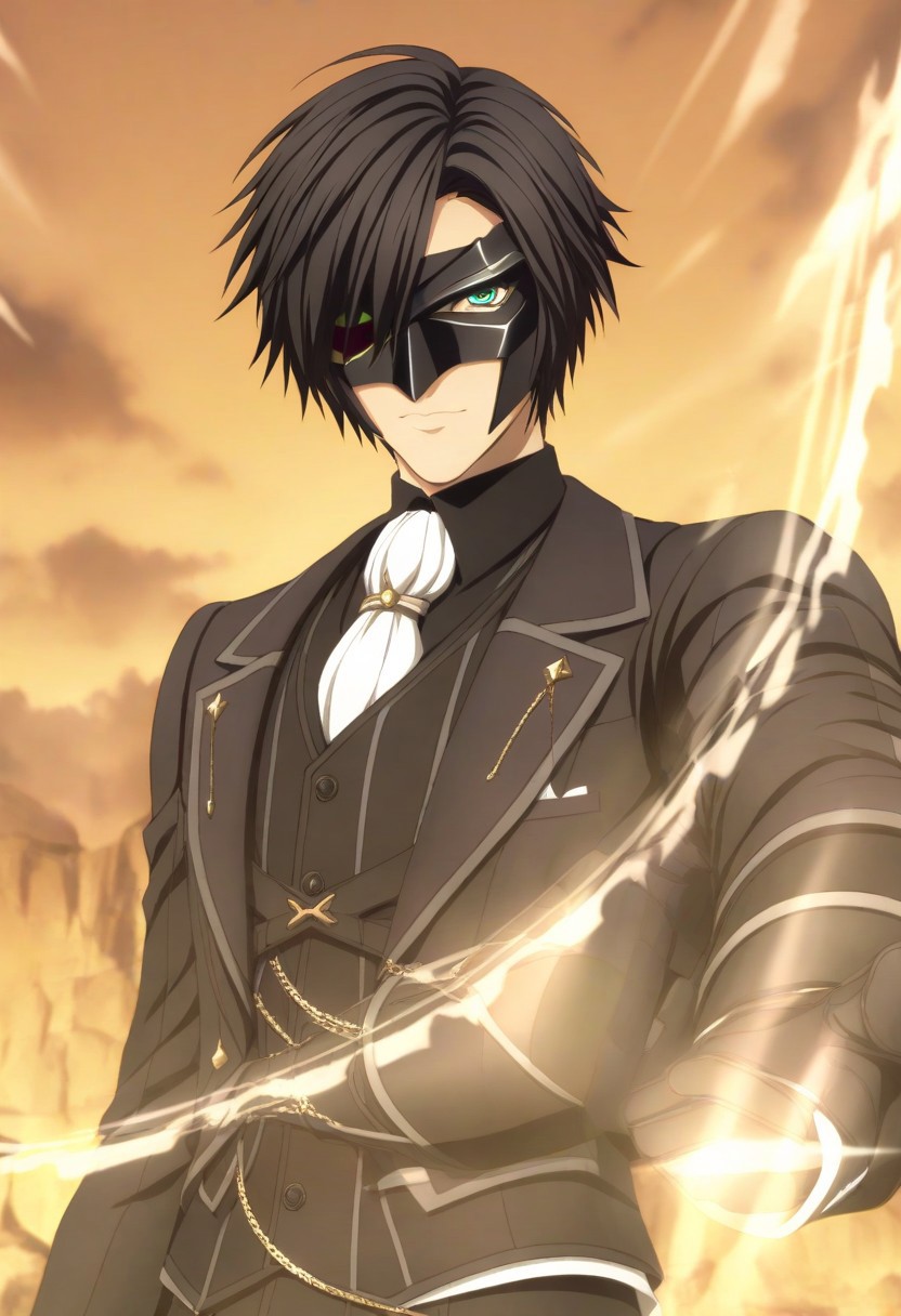 victor (tales), black hair, black mask, one eye covered, green eyes, black jacket, black vest, black shirt, white ascot, black pants, black boots, black gloves, solo, 1boy, upper body
