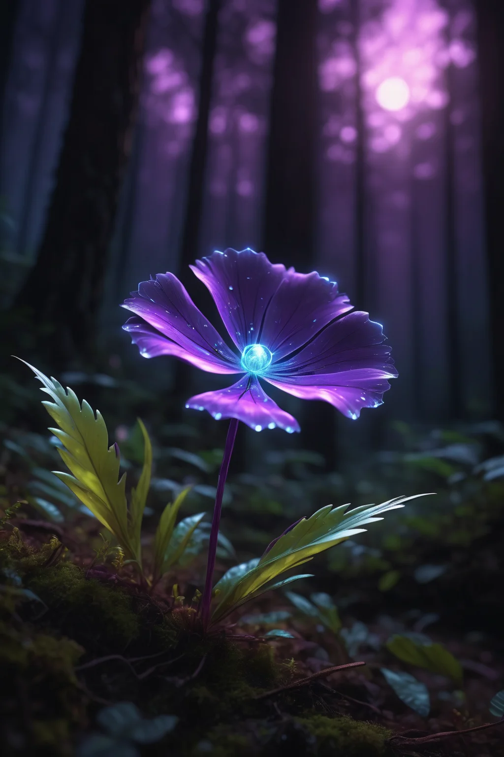 bioluminescent purple flower,fabulous night forest,magical radiance,Concept art,depth of field,Raw photo,realistic,cinematic lighting,soft shadows,sharp focus,fractal,colorful,depth of field,best quality,16k resolution,vivid colors,volumetric lighting,