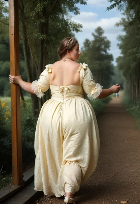 score_9, rating_safe, SFW, baroque painting, detailed face,
backside, 1girl, big breasts, thick thighs, gigantic hips, plump, plump belly, wearing a cute dress, standing on the train, blurry trees outside the window, from behind,
themes of lust and desire, dynamic light, detailed shadows