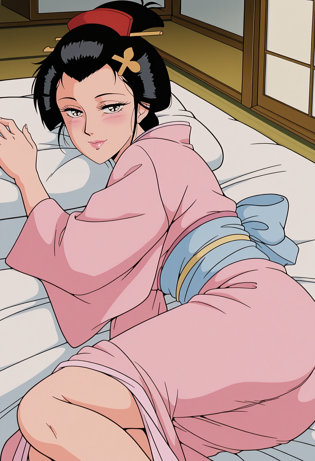 1girl,solo,mm,mature female,black hair,hair ornament,lips,anime coloring,retro artstyle,
pink kimono,blue obi,lying,on side,futon,blush,looking at viewer, seductive smile, indoors,ryokan
,masterpiece,best quality,amazing quality,<lora:Manchiyo-Yaruki_Manman:0.8>