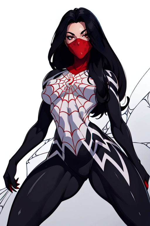masterpiece,best quality,extreme detail,8k,white background,<lora:silk:0.8> CindyMoon, 1girl, solo, long hair, breasts, looking at viewer, black hair, medium breasts, bodysuit, mask, skin tight, mouth mask, animification, superhero, silk, spider web, spider web print