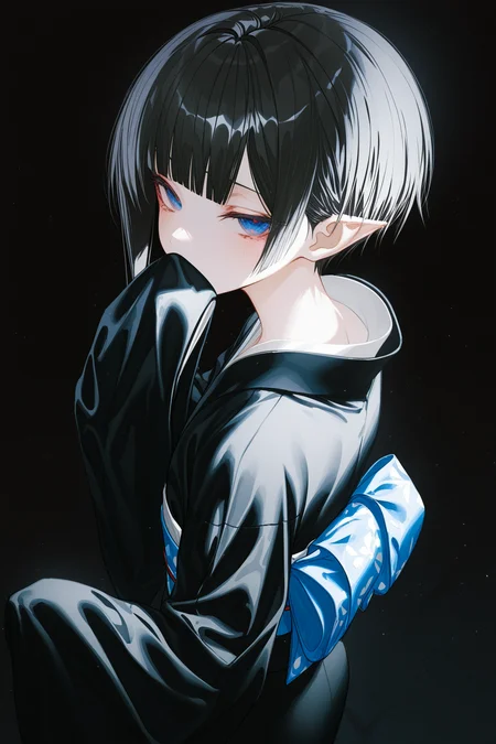 1girl, wanke, shiun \(siun 5513\), solo, petite, blunt bangs, (very short hair), blue eyes, half-closed eyes, pointy ears, tsurime, asymmetrical sidelocks, black hair, hair behind ear, black kimono, obi, obiage, sleeves past fingers, hand to own mouth, covering own mouth, looking at viewer, from above,back focus, black background, dark theme, best quality, masterpiece, very awa, absurdres