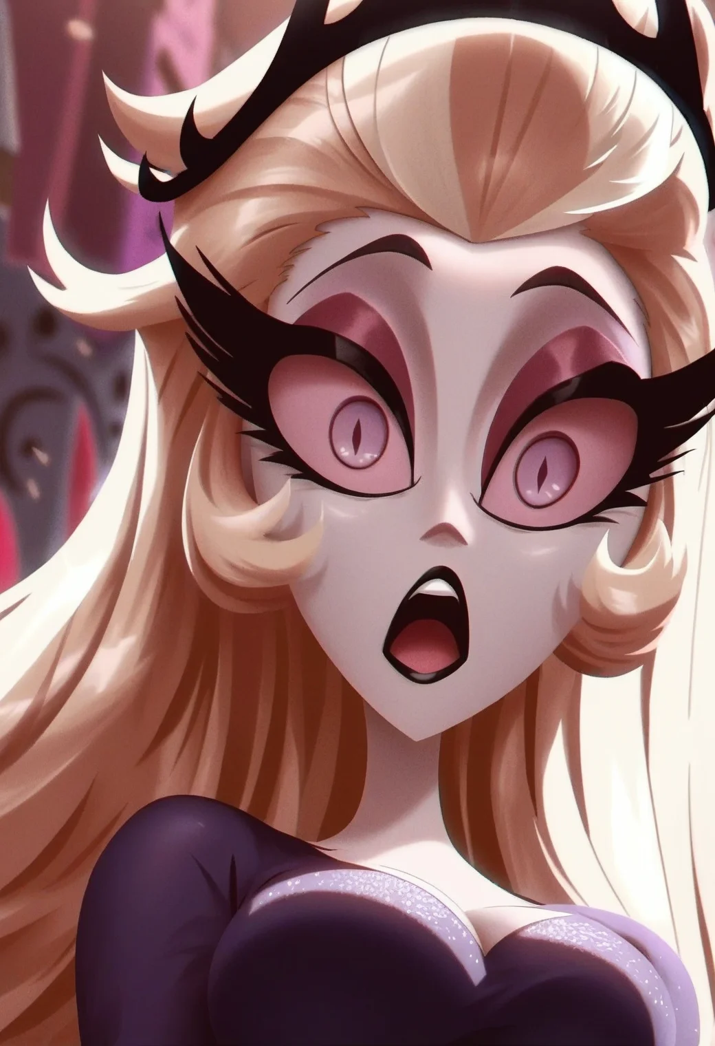 1girl, <lora:lilith_hazbin_hotel_ponyxl_v2:0.9>, lilith, black lips, pink sclera, wide-eyed, surprised, looking at viewer, black crown, purple eyes, slit pupils, solo, purple dress, eye focus, raised eyebrows, :o, open mouth, from below, foreshortening,
BREAK
score_9, score_8_up, score_7_up, score_6_up, film grain