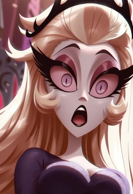 1girl, <lora:lilith_hazbin_hotel_ponyxl_v2:0.9>, lilith, black lips, pink sclera, wide-eyed, surprised, looking at viewer, black crown, purple eyes, slit pupils, solo, purple dress, eye focus, raised eyebrows, :o, open mouth, from below, foreshortening,
BREAK
score_9, score_8_up, score_7_up, score_6_up, film grain